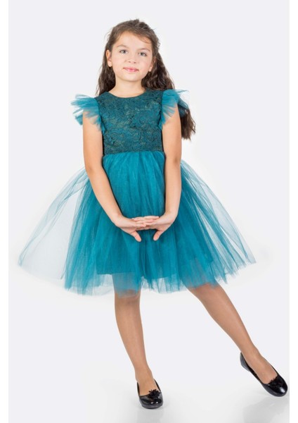 Roza Dantel Tütü Kız Çocuk Abiye Elbise MNK0546 - Mavi - 7 Yaş modelleri