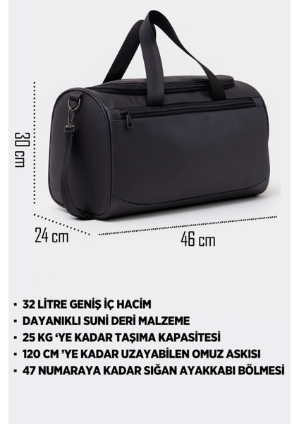 Siyah Suni Deri Yan Ayakkabı Bölmeli Unisex Geniş Hacimli Seyahat Spor Fitness Spor Çantası - 00124 fırsatları