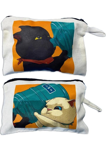 Ayrılmaz Ikili Kediler Baskılı Ham Bez 2li Makyaj El Çantası