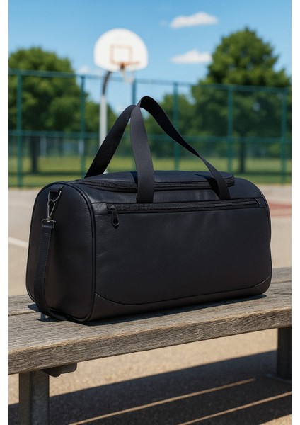 Siyah Suni Deri Yan Ayakkabı Bölmeli Unisex Geniş Hacimli Seyahat Spor Fitness Spor Çantası - 00124