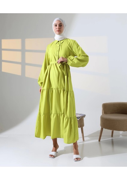 Kadın 100% Pamuk Viskon Desenli Yeşil Tesettür Elbise
