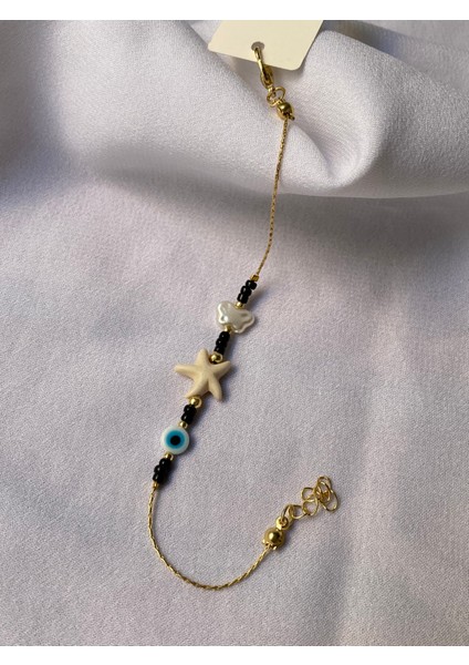 Gold Siyah Taşlı Beyaz Deniz Yıldızlı Bileklik