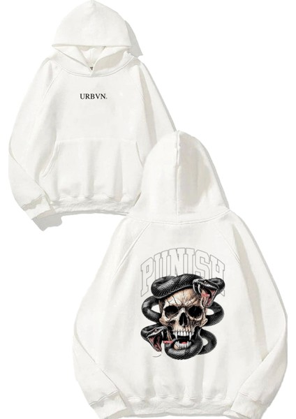 Punish Tasarım Baskılı Oversize Beyaz Kapüşonlu Sweatshirt