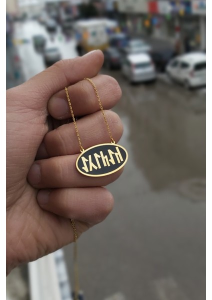 925 Ayar Gümüş 24 Ayar Altın Kaplama Eski Türkçe Yazılı Kolye