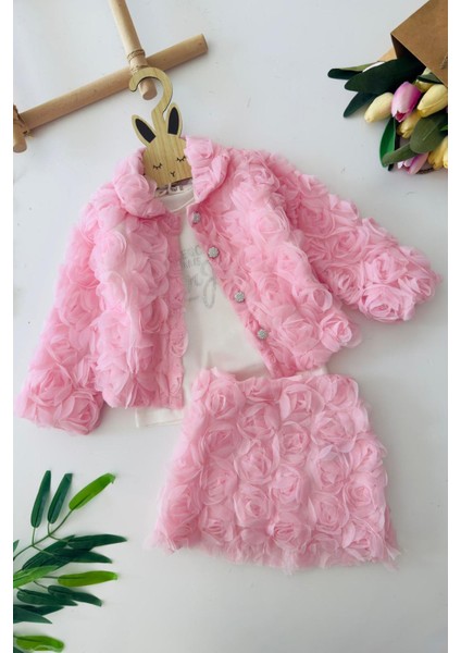 Gül Detaylı 3 Lü Kız Çocuk takım - Pembe