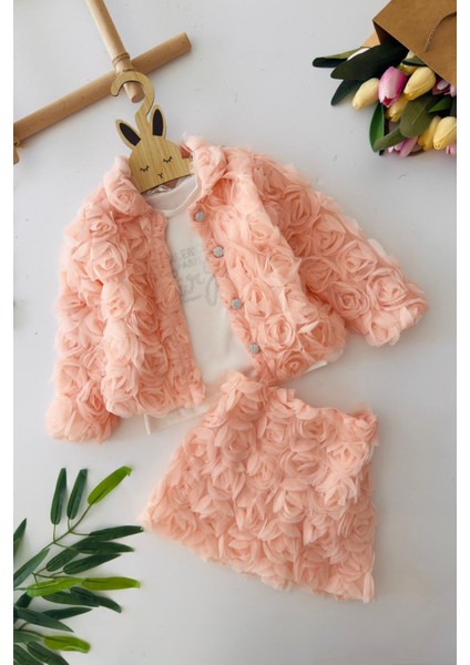 Gül Detaylı 3 Lü Kız Çocuk takım - Somon