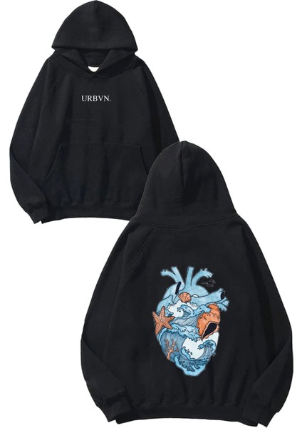 Heart Ocean Tasarım Baskılı Oversize Siyah Kapüşonlu Sweatshirt