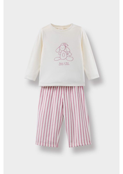 Kız Bebek Pijama Takımı Tavşan Baskılı Uzun Kollu Velur Üst Çizgili Uzun Alt F5562A525WN