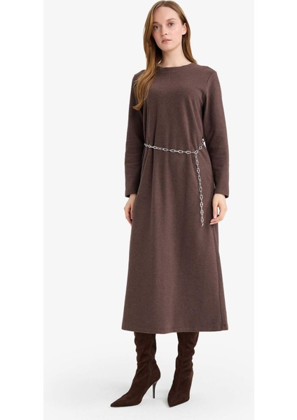 Regular Fit Bisiklet Yaka Uzun Kollu Kemerli Maxi Elbise G1885AX25WN