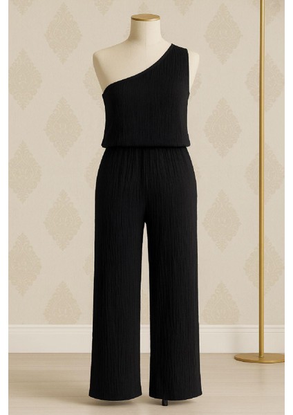 Kadın Siyah Tek Omuzlu Şık Bluz & Geniş Paça Pantolon Ikili Takım indirimleri