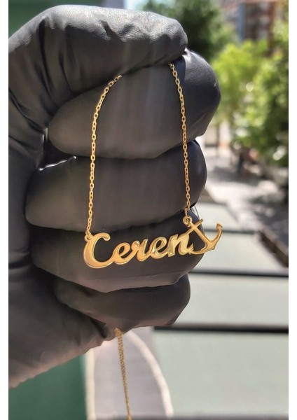 925 Ayar Gümüş 24 Ayar Altın Kaplama Deniz Çapa Figürlü Isimli Kolye