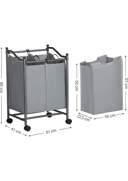 Çamaşır Ayırıcı, Tekerlekli ve 2 Bölmeli, Çamaşır Sepeti, Çıkarılabilir Çantalı Çamaşır Arabası, Toplam Kapasite 90 L, Gri, LSF002GS fırsatları
