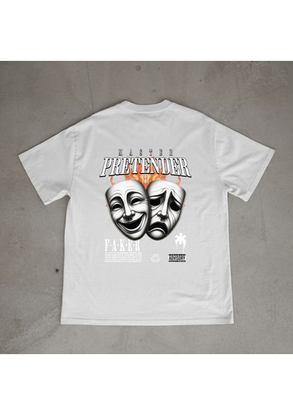 Mask Tasarım Baskılı Beyaz Oversize T-Shirt