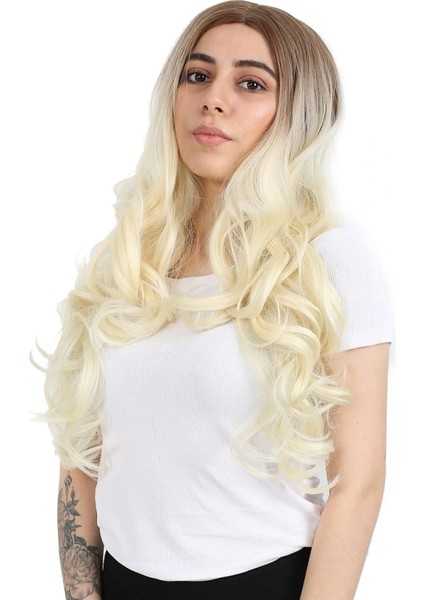 Yoğun Dalgalı Fiber Sentetik Uzun Perçemsiz Peruk - Kumral / Platin Ombreli