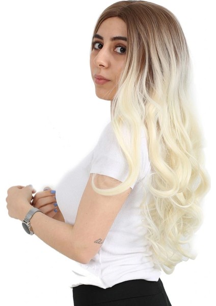 Yoğun Dalgalı Fiber Sentetik Uzun Perçemsiz Peruk - Kumral / Platin Ombreli modelleri