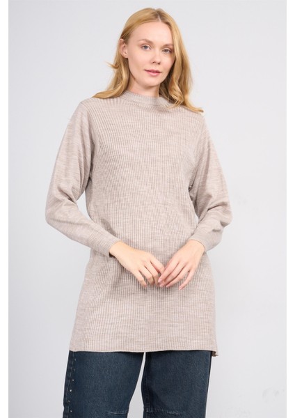 Çetinkaya Miya Mira Modest 8627 Kadın Dik Yaka Fitilli Triko Kazak Vizonmelanj