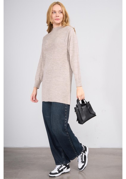 Çetinkaya Miya Mira Modest 8627 Kadın Dik Yaka Fitilli Triko Kazak Vizonmelanj fiyatları