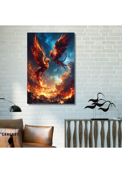 Tekli Dikey Kanvas Tablo Alevler Lavlar Içerisinde Zümrüdü Anka Kuşları