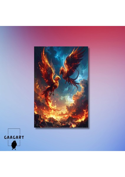 Tekli Dikey Kanvas Tablo Alevler Lavlar Içerisinde Zümrüdü Anka Kuşları modelleri