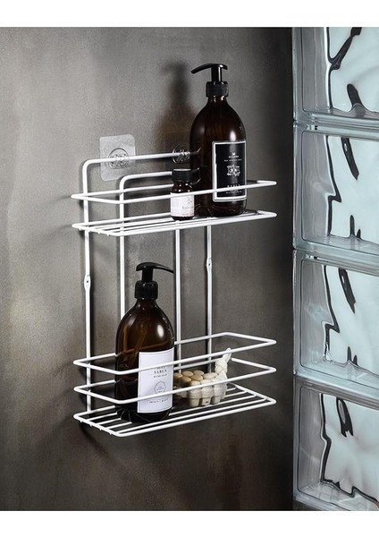 Haus Ömür Boyu Paslanmaz Duvara Yapışkanlı 2 Katlı Banyo Düz Şampuanlık Düzenleyici Beyaz Tş-02