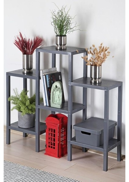 Home 6 Raflı Plastik Raf Ünitesi Saksılık Çiçeklik Saksı Standı Dekoratif Raf Gri