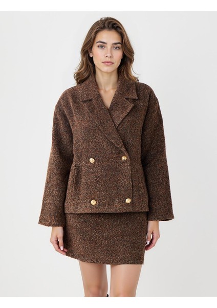 Acı Kahve Düz Kesim Düğme Detaylı Kaşe Dokuma Ceket