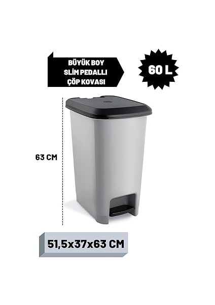 Home Slim Pedallı Çöp Kovası 60 Litre & Büyük Boy Pedallı Çöp Kovası Gri Metalik Gri modelleri