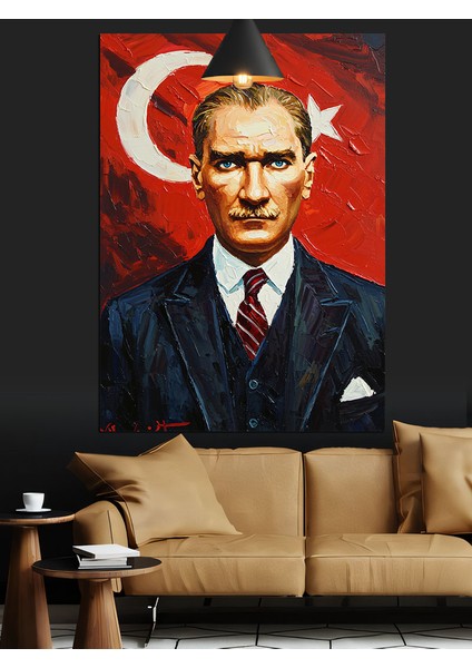 Türk Bayraklı Mustafa Kemal Atatürk Portresi Dekoratif Kanvas - Mdf Ahşap Tablo