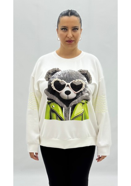 Büyük Beden Ayıcık Grafikli Taşlı Inci Detaylı Uzun Kollu Oversize Kadın Sweat