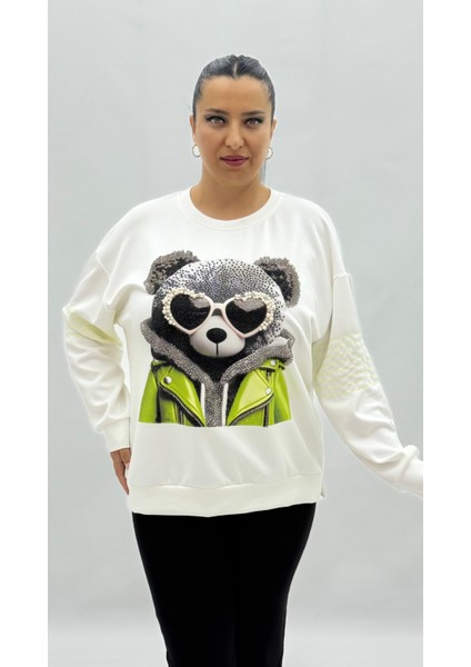 Büyük Beden Ayıcık Grafikli Taşlı Inci Detaylı Uzun Kollu Oversize Kadın Sweat fiyatları