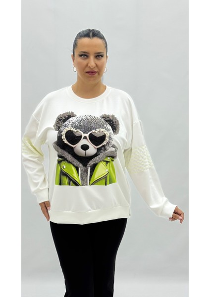Büyük Beden Ayıcık Grafikli Taşlı Inci Detaylı Uzun Kollu Oversize Kadın Sweat modelleri