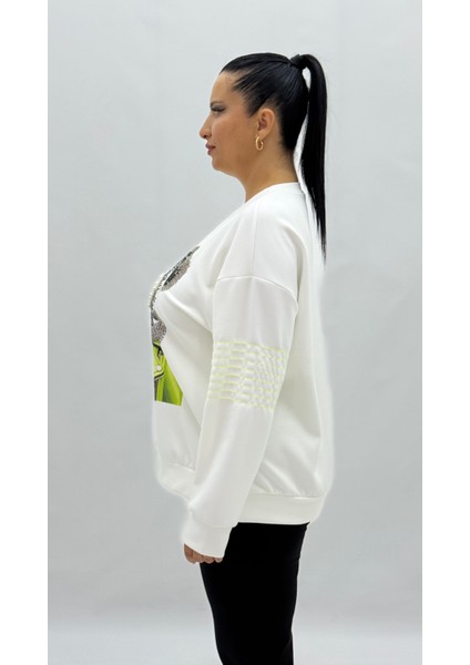 Büyük Beden Ayıcık Grafikli Taşlı Inci Detaylı Uzun Kollu Oversize Kadın Sweat fırsatları