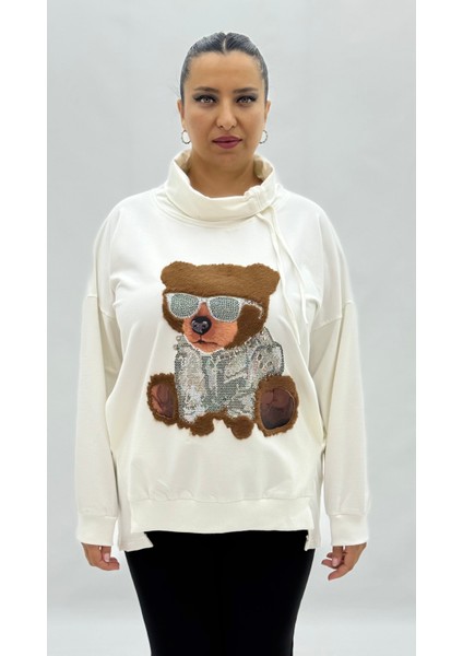 Büyük Beden Koton Ayıcık Grafikli Taşlı Boyunluklu Uzun Kol Oversize Kadın Sweat