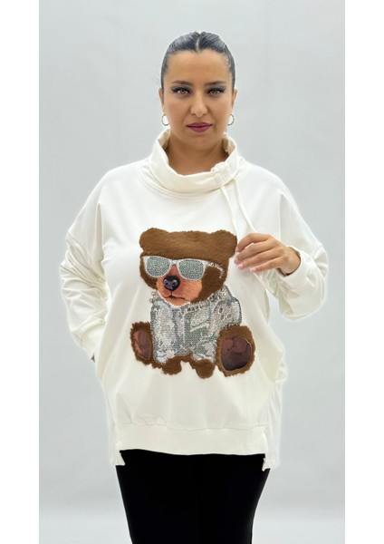 Büyük Beden Koton Ayıcık Grafikli Taşlı Boyunluklu Uzun Kol Oversize Kadın Sweat fiyatları