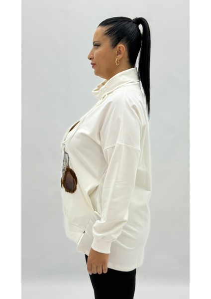 Büyük Beden Koton Ayıcık Grafikli Taşlı Boyunluklu Uzun Kol Oversize Kadın Sweat modelleri