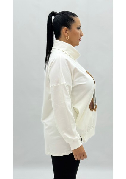 Büyük Beden Koton Ayıcık Grafikli Taşlı Boyunluklu Uzun Kol Oversize Kadın Sweat indirimleri