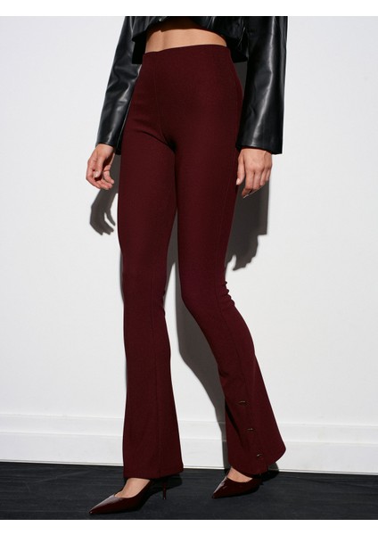 71905 Düğme Detaylı Ispanyol Paça Tayt-Bordo