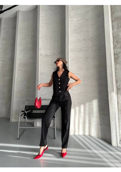 Kadın Alt Üst Takım Şık Taş Düğme Detaylı Premium Yelek Pantolon Ikili Takım Elbise modelleri