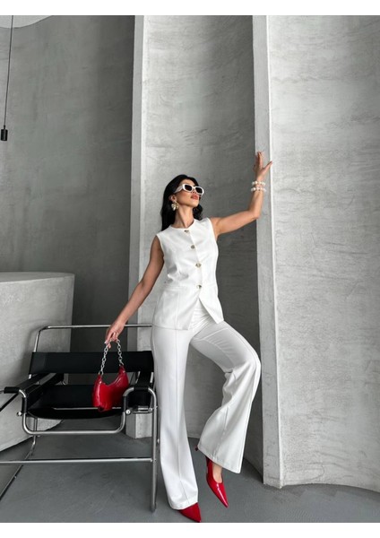 Kadın Alt Üst Takım Şık Düğme Detaylı Premium Yelek Pantolon Ikili Takım Elbise modelleri