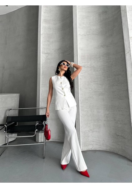 Kadın Alt Üst Takım Şık Düğme Detaylı Premium Yelek Pantolon Ikili Takım Elbise fırsatları