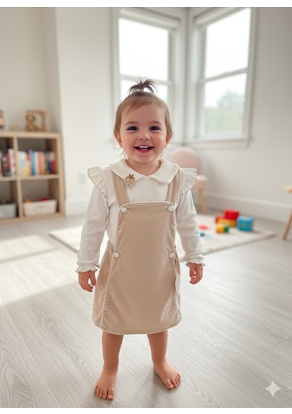 Çilek Işlemeli Bebe Yaka Fırfırlı Kız Çocuk Salopet Takımı Jile Taş Rengi Fitilli Kadife