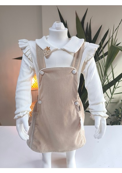 Çilek Işlemeli Bebe Yaka Fırfırlı Kız Çocuk Salopet Takımı Jile Taş Rengi Fitilli Kadife fiyatları