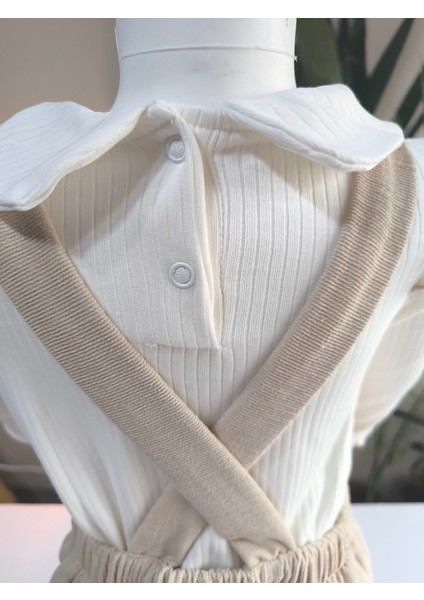 Çilek Işlemeli Bebe Yaka Fırfırlı Kız Çocuk Salopet Takımı Jile Taş Rengi Fitilli Kadife fırsatları