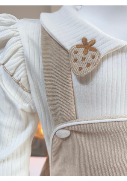 Çilek Işlemeli Bebe Yaka Fırfırlı Kız Çocuk Salopet Takımı Jile Taş Rengi Fitilli Kadife