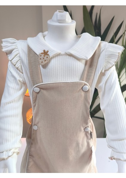 Çilek Işlemeli Bebe Yaka Fırfırlı Kız Çocuk Salopet Takımı Jile Taş Rengi Fitilli Kadife