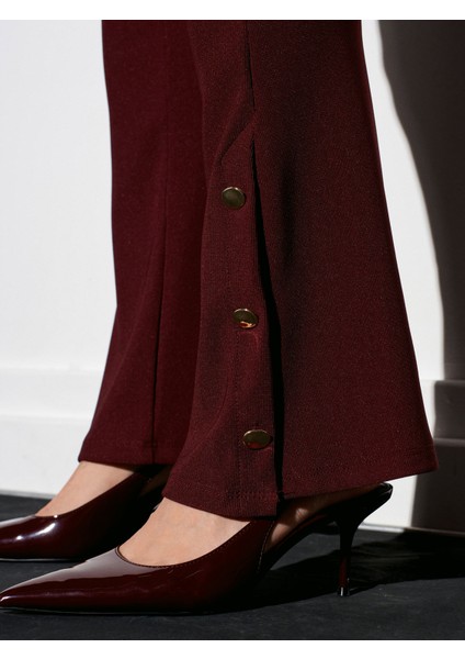 71905 Düğme Detaylı Ispanyol Paça Tayt-Bordo indirimleri