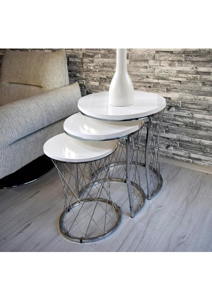 Unıts 3 Lü Hasır Telli Beyaz Suntalam Metal Ayak Zigon Sehpa Sehpa-Takimi-Zigon-Sehba