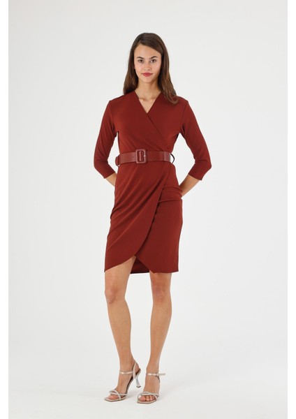 Kadın Kiremit Kruvaze Kemerli Midi Anvelop Elbise 3753-100