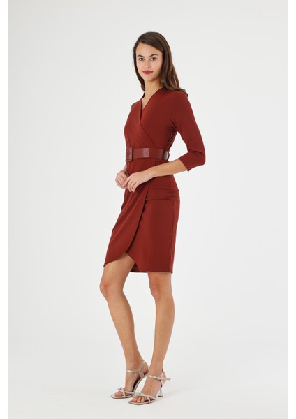 Kadın Kiremit Kruvaze Kemerli Midi Anvelop Elbise 3753-100 fiyatları