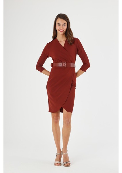 Kadın Kiremit Kruvaze Kemerli Midi Anvelop Elbise 3753-100 modelleri